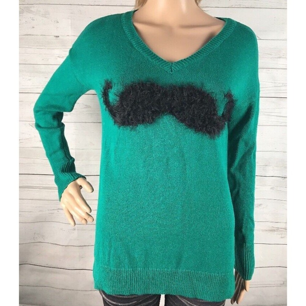 Copper Key Mustache Sweater Small Dark Teal Green 100% Cotton Funny Design